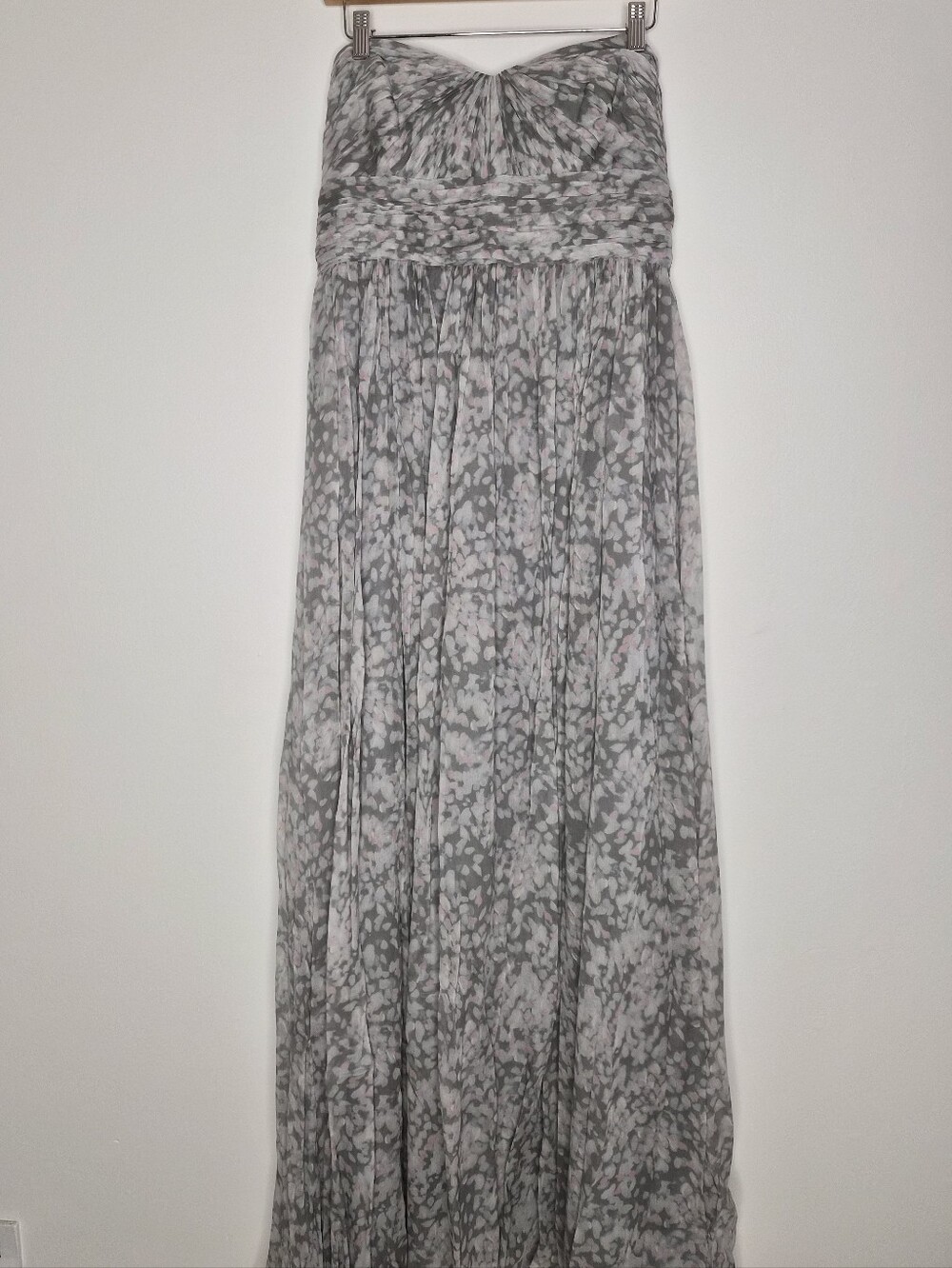 J.Crew Marbella Strapless Silk Chiffon Watercolor Maxi Gown Dress Gray Pink 14